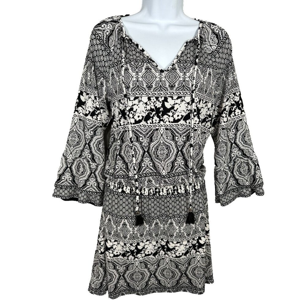 White House Black Market Dress Womens 4 Floral White Black Mini Cinch Tassel